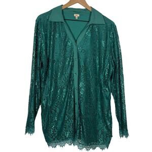 Reba Lace Front Button Down Shirt Plus Size 1X Green Floral Fairy Cottage Countr